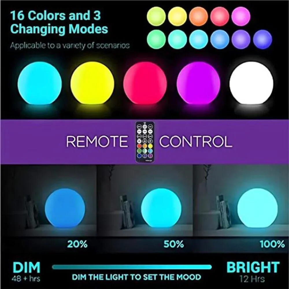 LED Light Ball: 6-inch Night Light with Remote Control, 16 RGB Color Changing
